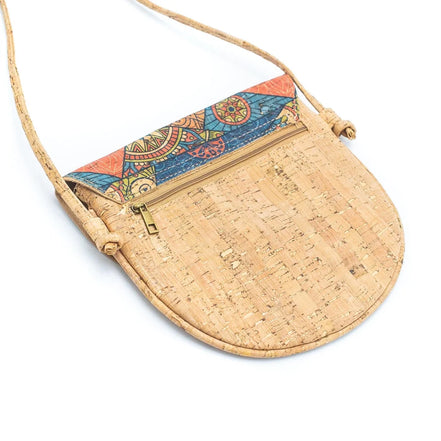 Back view Cork crossbody bag with tile print flap
