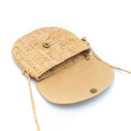 Interior view Cork crossbody bag with tile print flap