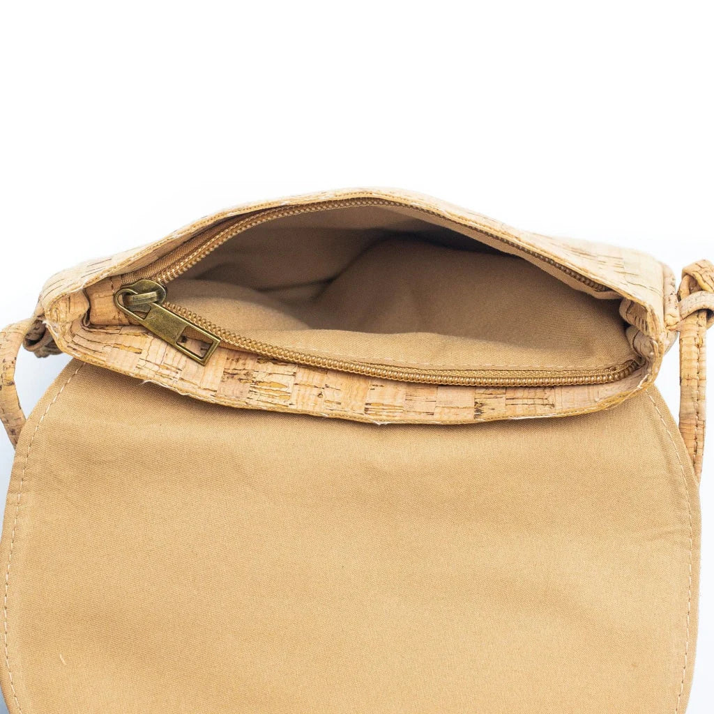 Interior view Cork crossbody bag with tile print flap