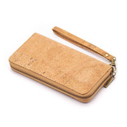 Stay stylish and organized with this natural cork vegan wallet featuring 8 card slots, 2 slip pockets, a zip coin pouch, and a wristlet.