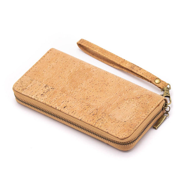 Stay stylish and organized with this natural cork vegan wallet featuring 8 card slots, 2 slip pockets, a zip coin pouch, and a wristlet.