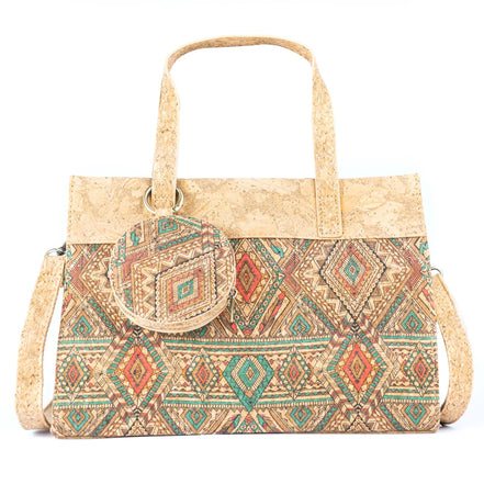 Western print cork handbag with coin purse