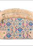 Front view of natural cork crossbody bag with colorful tile pattern and triple zipper design