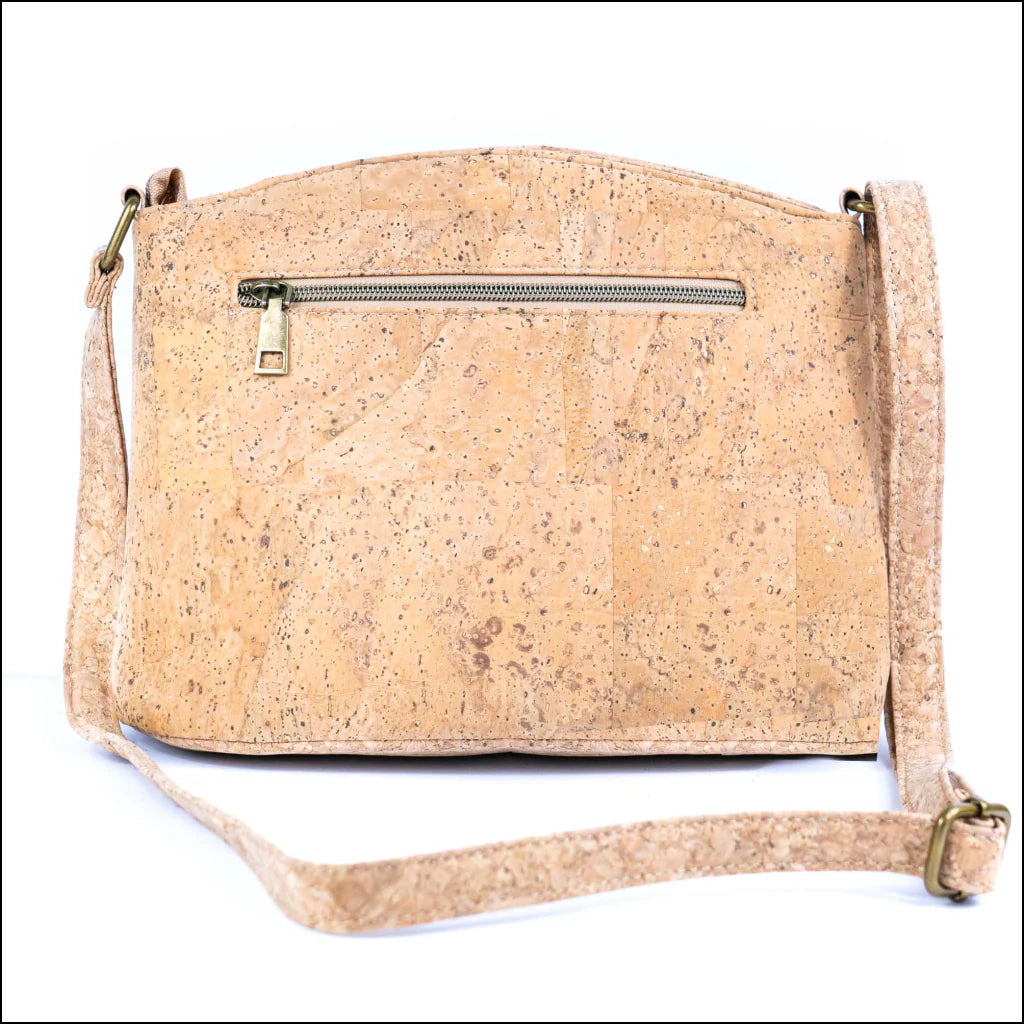 Bottom view of natural cork crossbody bag with colorful tile pattern and triple zipper design