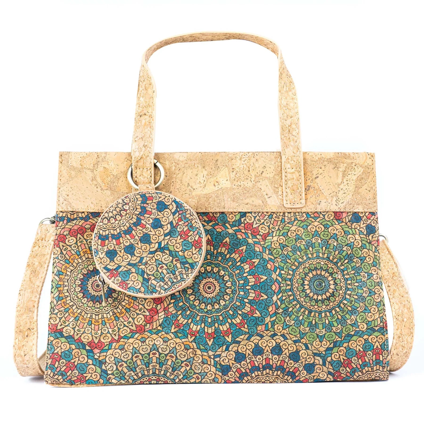 Mandala print cork handbag with coin purse