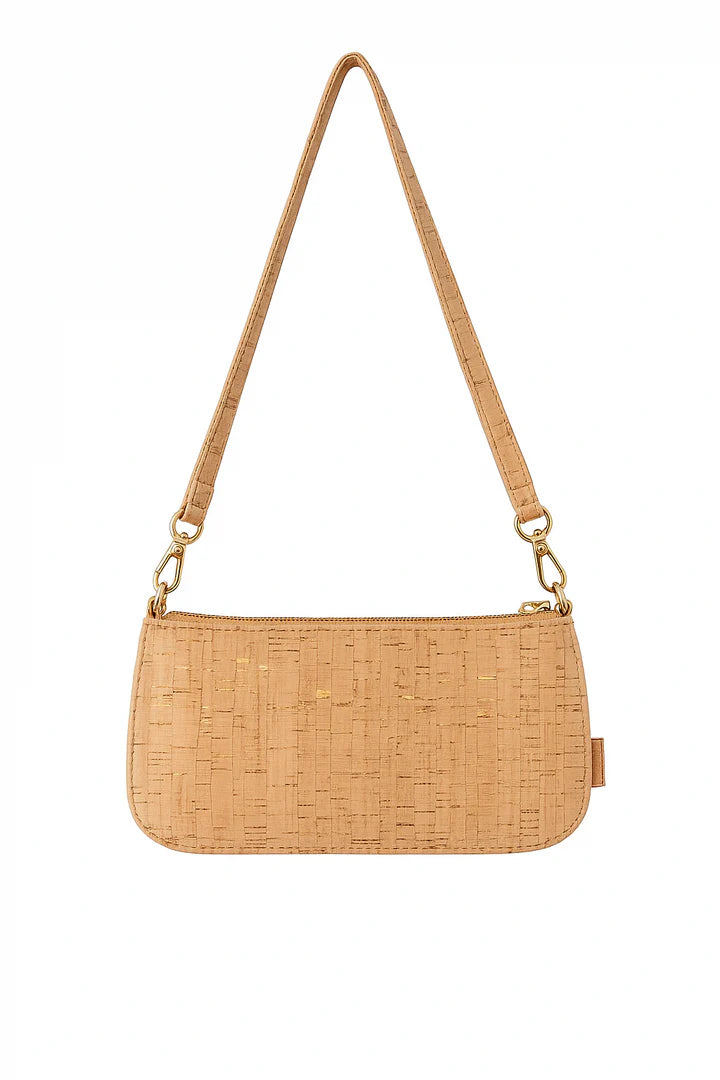 Cork shoulder bag with gold flakes and detachable strap