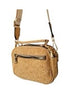 Lightweight cork crossbody bag shown with full adjustable strap for hands-free wear
