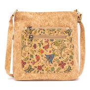 Songbird Garden vegan cork crossbody bag with floral bird design 