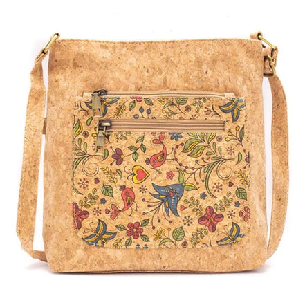 Songbird Garden vegan cork crossbody bag with floral bird design 