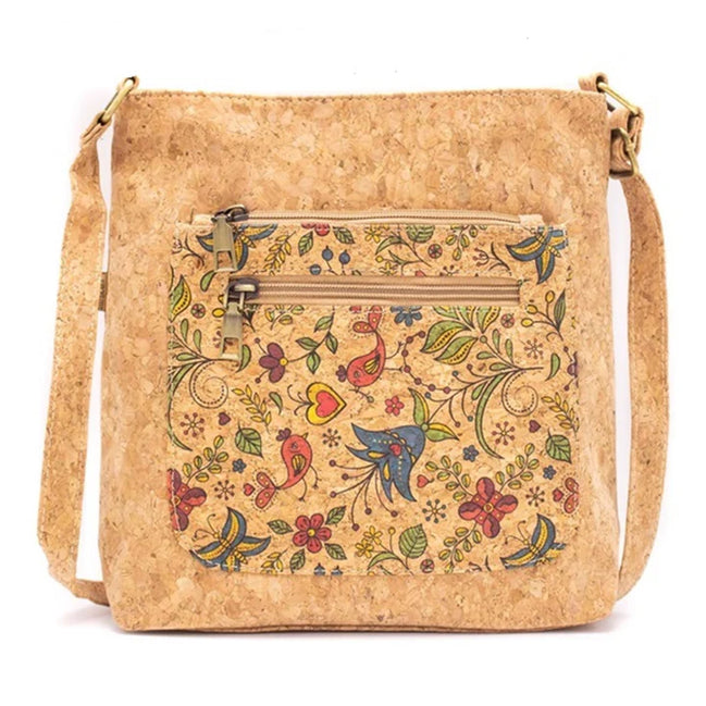Songbird Garden vegan cork crossbody bag with floral bird design 