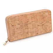 Lightweight vegan cork zipper wallet with detachable wristlet strap and organized interior.