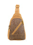 Front view of cork chest sling bag with navy Greek key pattern and slanted zipper pocket.