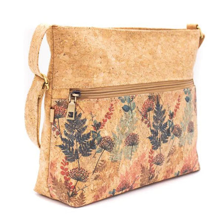 Cork handbag with floral design on a white background