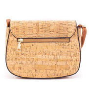 Natural cork crossbody bag front view with gold button detail and adjustable strap