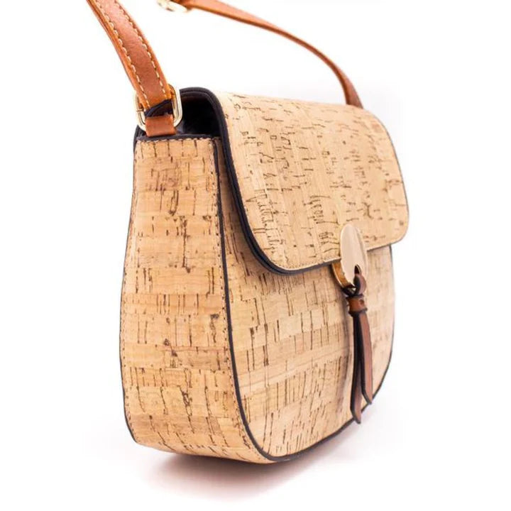 Natural cork crossbody bag front view with gold button detail and adjustable strap