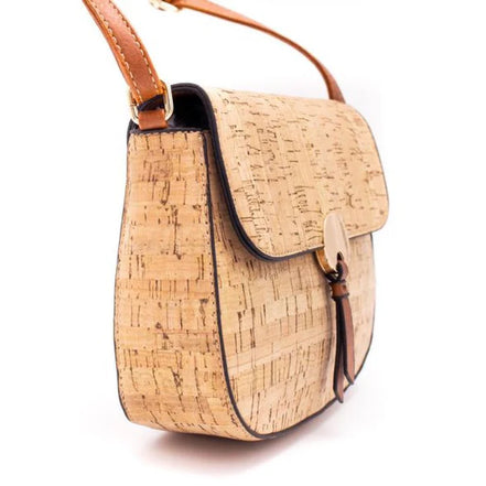 Natural cork crossbody bag front view with gold button detail and adjustable strap