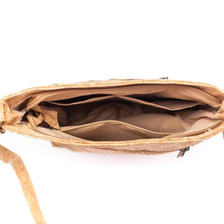 Interior view Songbird Garden vegan cork crossbody bag with floral bird design 
