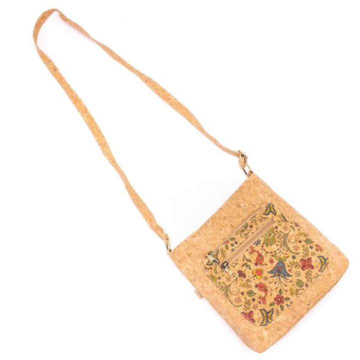 Full length view Songbird Garden vegan cork crossbody bag with floral bird design 
