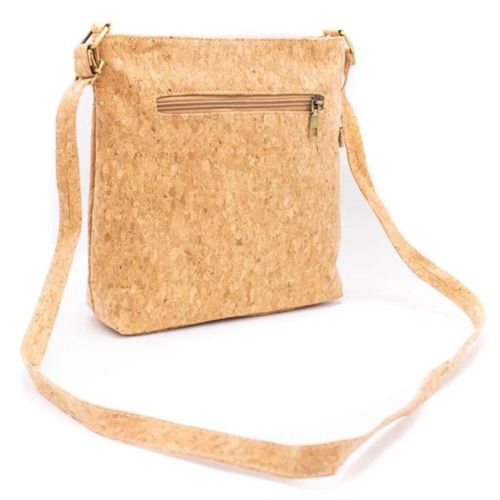 Back view Songbird Garden vegan cork crossbody bag with floral bird design 