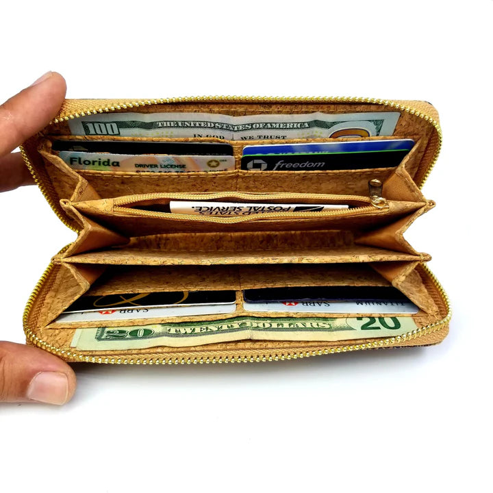 Interior view Lightweight vegan cork zipper wallet with detachable wristlet strap and organized interior.
