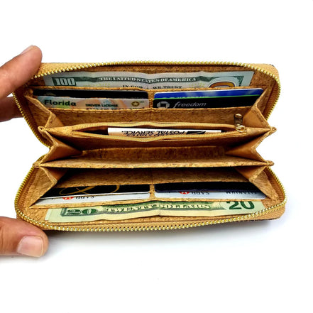 Interior view Lightweight vegan cork zipper wallet with detachable wristlet strap and organized interior.