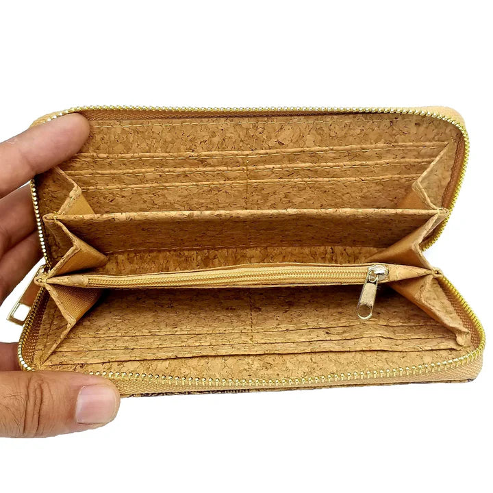 Empty interior view Lightweight vegan cork zipper wallet with detachable wristlet strap and organized interior.