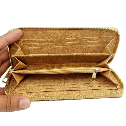 Empty interior view Lightweight vegan cork zipper wallet with detachable wristlet strap and organized interior.