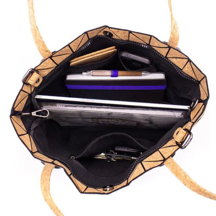 Interior view Stylish geometric design tote or shoulder bag with natural cork texture and large interior compartment for wallet, tablet, notebooks &amp; more.