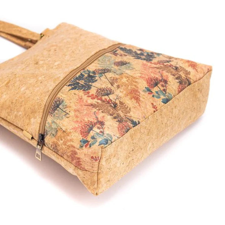 Bottom view A stylish cork handbag with an easy, everyday elegance, beautiful foliage design, top and front horizontal zippers