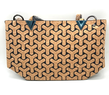 Cork handbag with geometric pattern on a white background