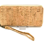 Lightweight vegan cork zipper wallet with detachable wristlet strap and organized interior.