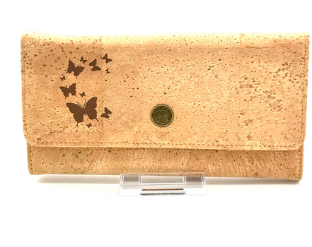 Cork wallet with butterfly designs on a white background