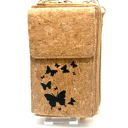 Black Butterly dance on A compact adjustable strap crossbody and wallet in one, designed for hands-free convenience with timeless natural cork texture. 