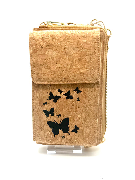 Black Butterly dance on A compact adjustable strap crossbody and wallet in one, designed for hands-free convenience with timeless natural cork texture. 