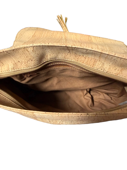 Interior view Cork crossbody flap tassel bag