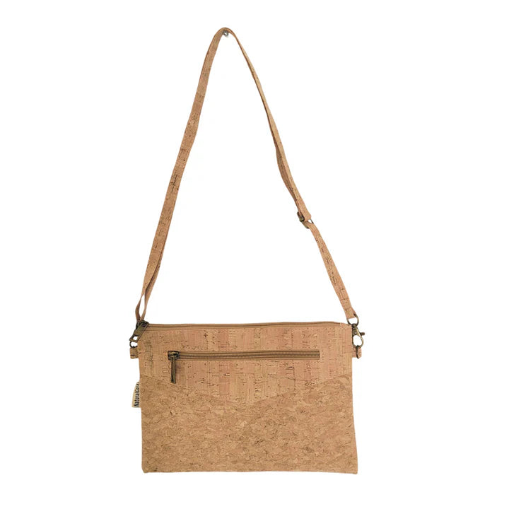 Stylish crossbody and clutch in purple and teal design or natural cork. 