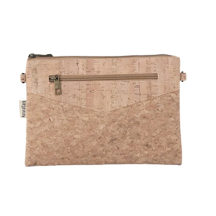 Stylish crossbody and clutch in purple and teal design or natural cork. 