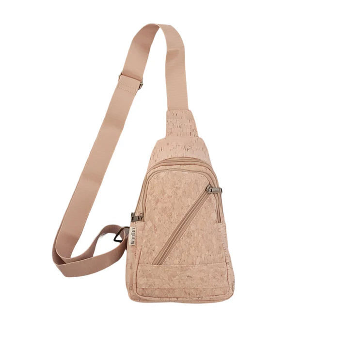 Natural cork sling bag front view with zipper front pocket