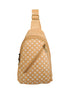 Natural cork sling bag with white daisy print and diagonal zip pocket