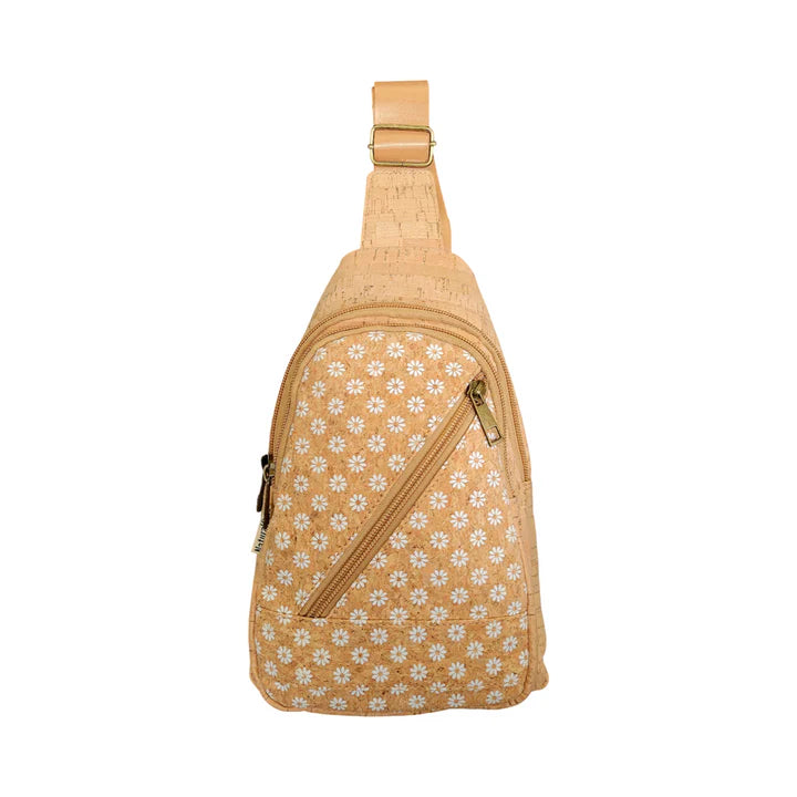 Natural cork sling bag with white daisy print and diagonal zip pocket
