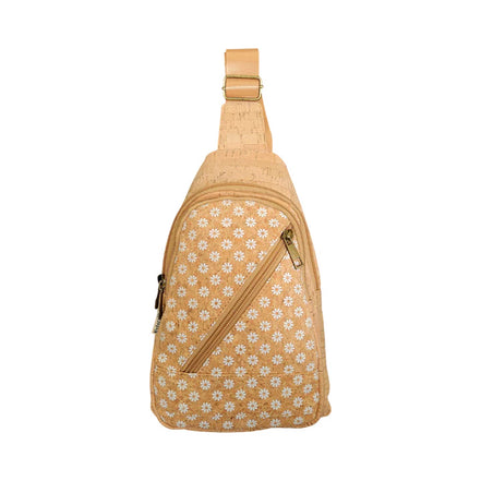 Natural cork sling bag with white daisy print and diagonal zip pocket