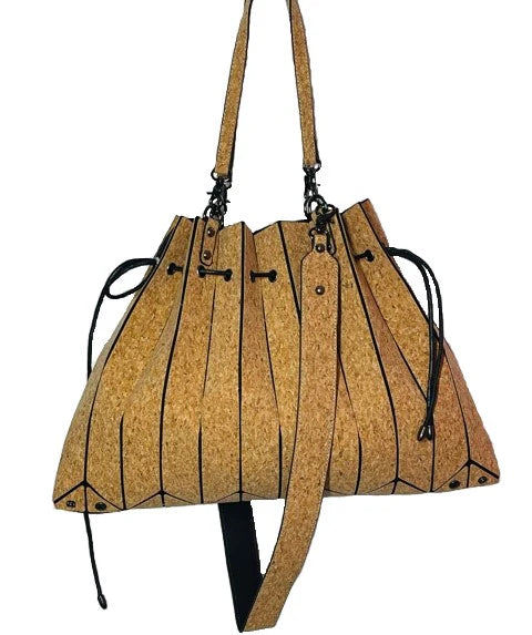 Natural cork pleated tote handbag with shoulder strap front view