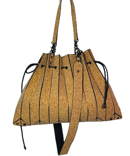 Natural cork pleated tote handbag with shoulder strap front view