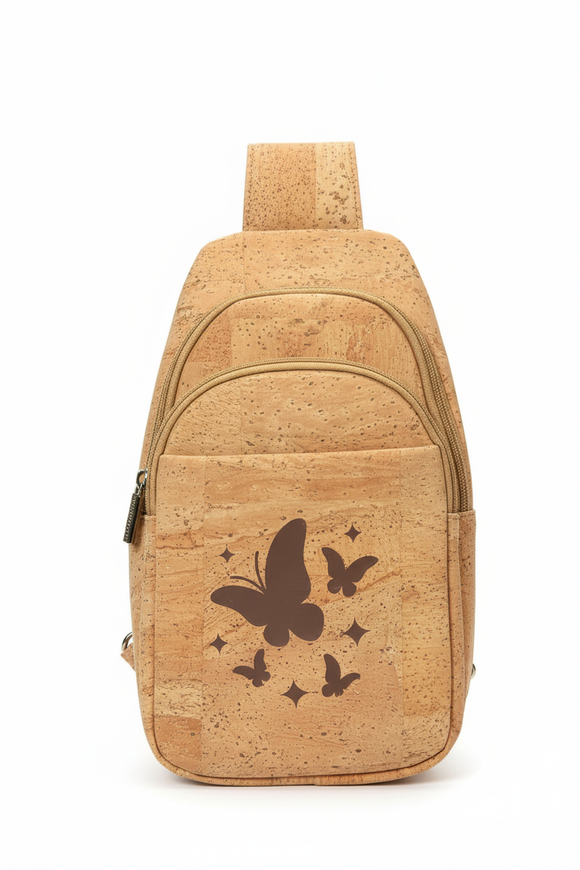 Cork Butterfly Sling Backpack on White Background