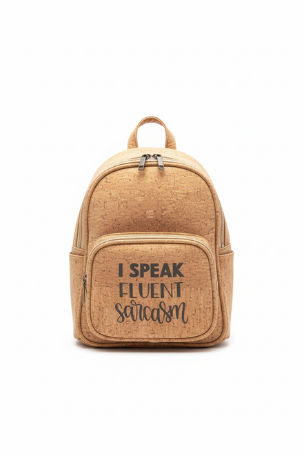 Cork "I Speak Fluent Sarcasm" Mini Backpack on White Background