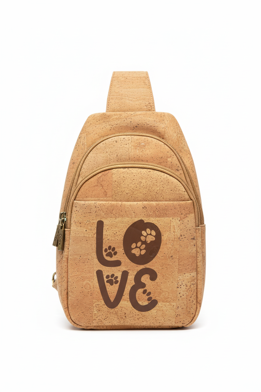 Cork LOVE Paw Print Sling Backpack on White Background