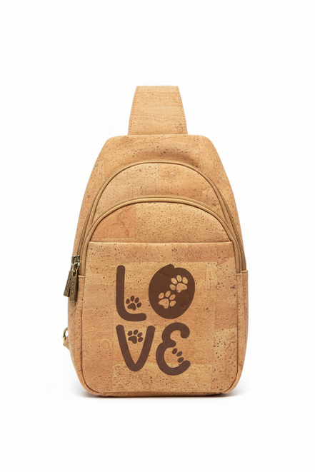 Cork LOVE Paw Print Sling Backpack on White Background
