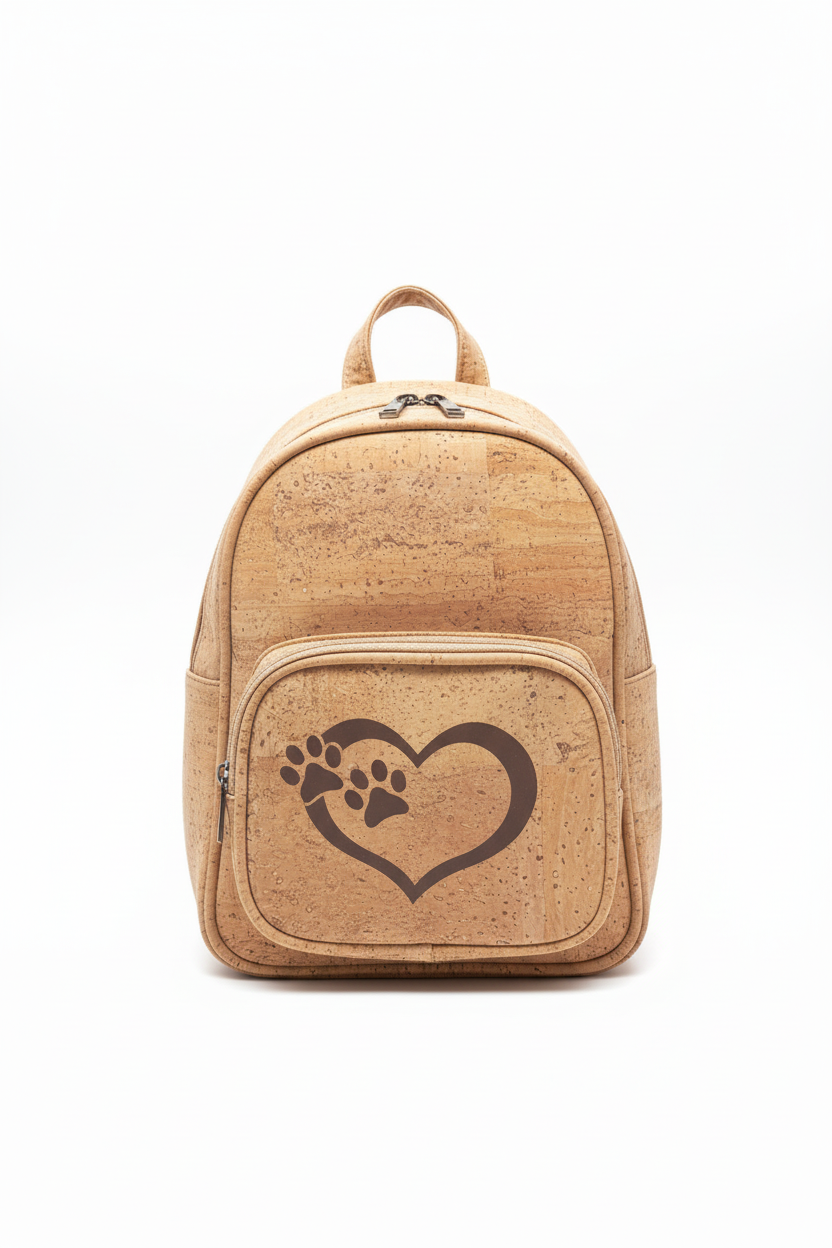 Cork Mini Backpack Heart Paw Print on White Background