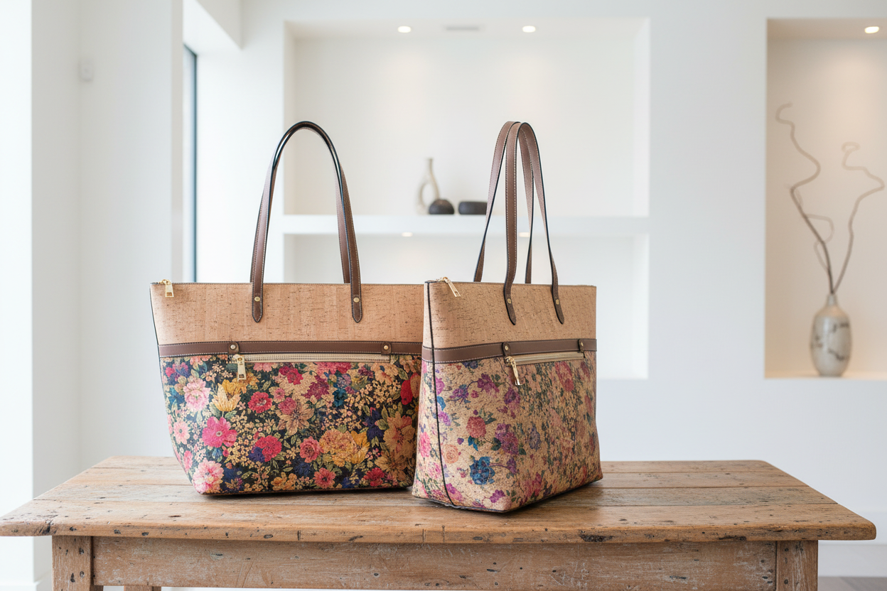 Cork tote bags in boutique setting