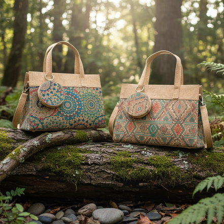 Mandala or Western print cork handbag with coin purse,